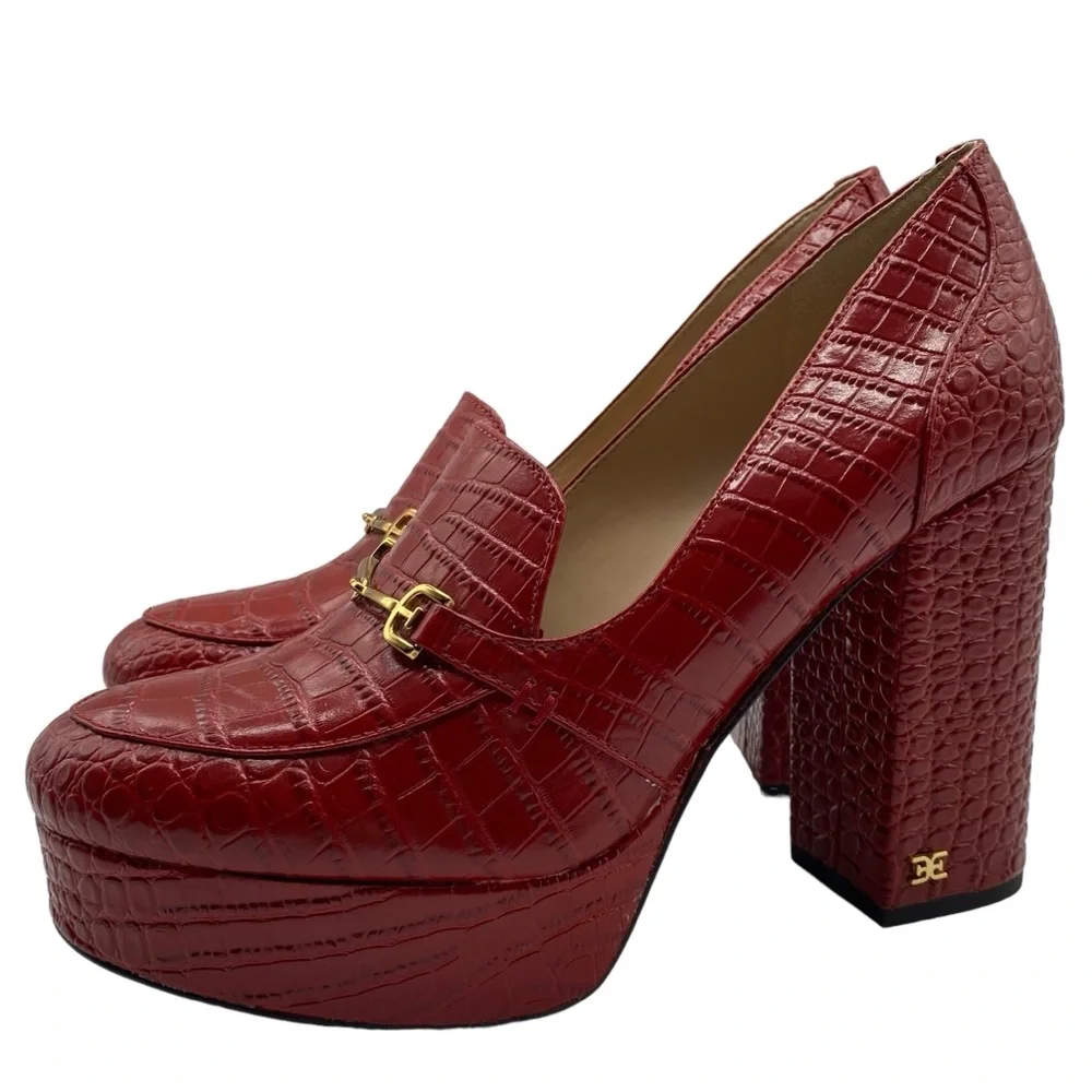 Sam Edelman Aretha Platform Loafers Red Croc Leather Heeled Groovy Chunky Size 8